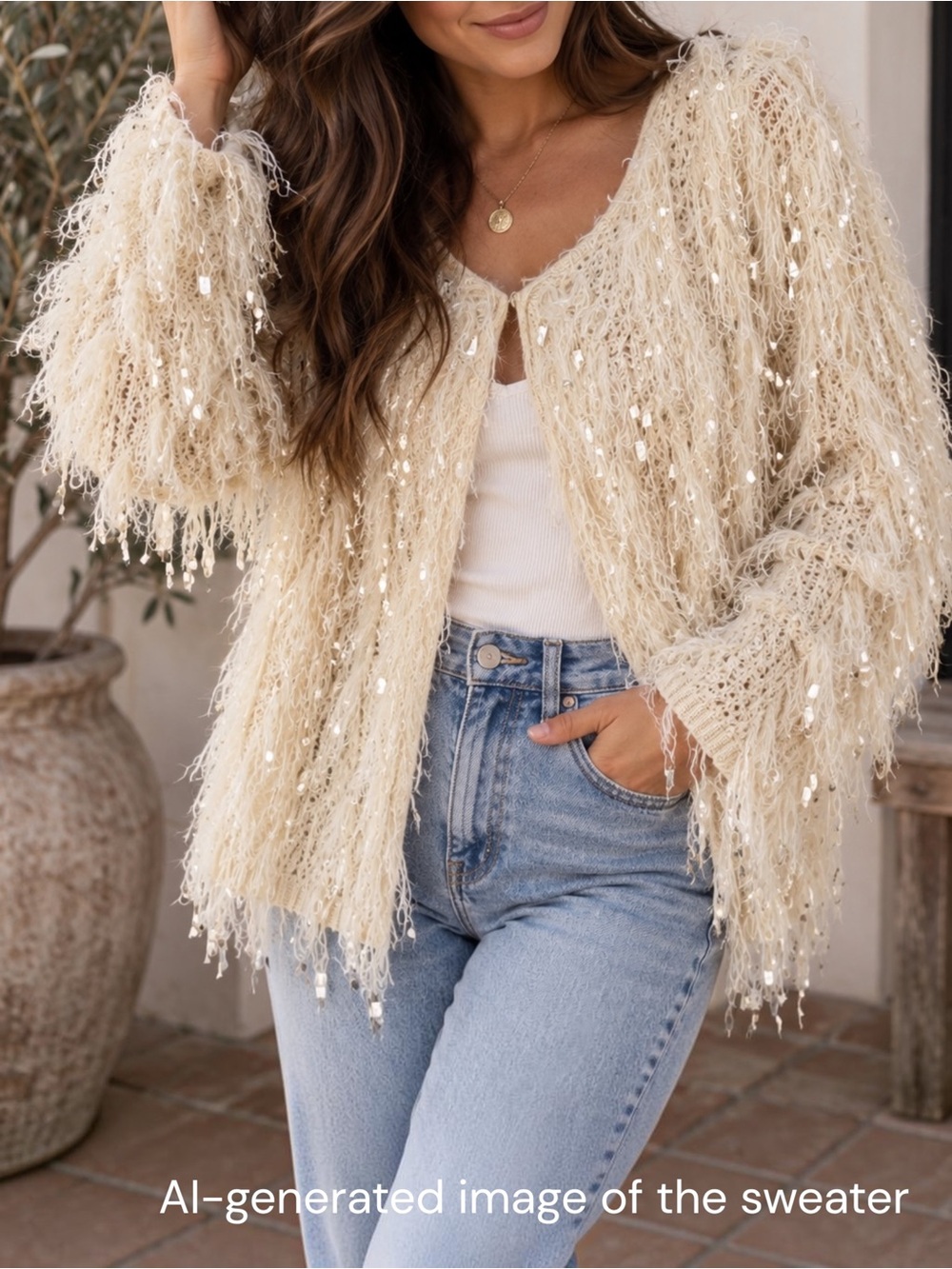 Shaggy Fringe Cardigan Sweater Sz Small Cream Boho Textured Open Knit Apres Ski